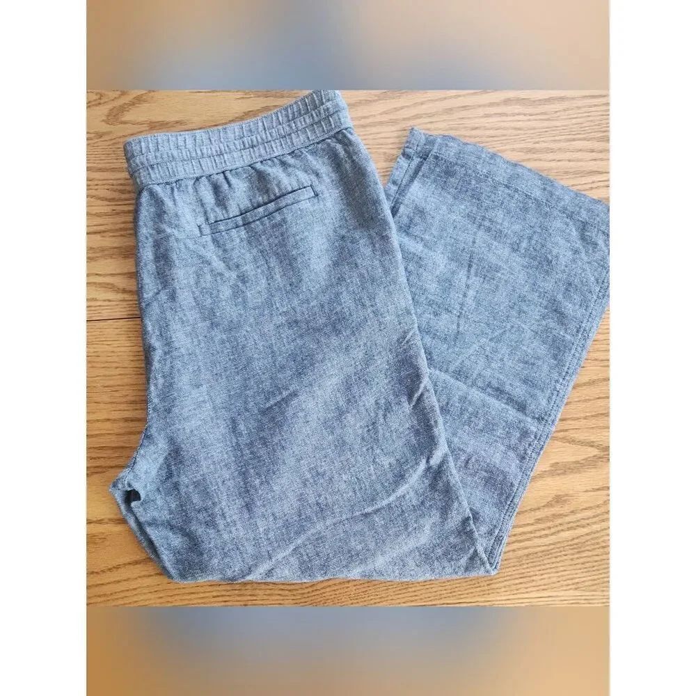 P48 Ann Taylor Women's Blue-Gray Linen-Blend Drawstring Waist Wide Legged Pants